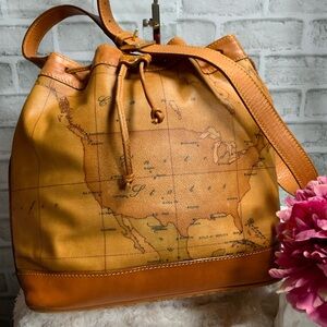 Alviero Martini Tan Map Print Bucket Shoulder Bag